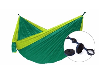 Houpací sítě a křesla –  Hamaka Houpací síť pro dva Camping + Slap strap (zelený SET)