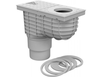 Spodní –  Kanalizační vpusť (gajgr) spodní šedá DN 110/125 + redukční kroužky (KV 110/125) 325 Cs